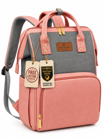 Motherly Patented Diaper Bag For Mothers For Travel, Crown Series, Pink | Backpack for Mothers | Waterproof Baby Travel & Maternity Bag | Multiple Compartments, Insulated Bottle Pockets, Warranty