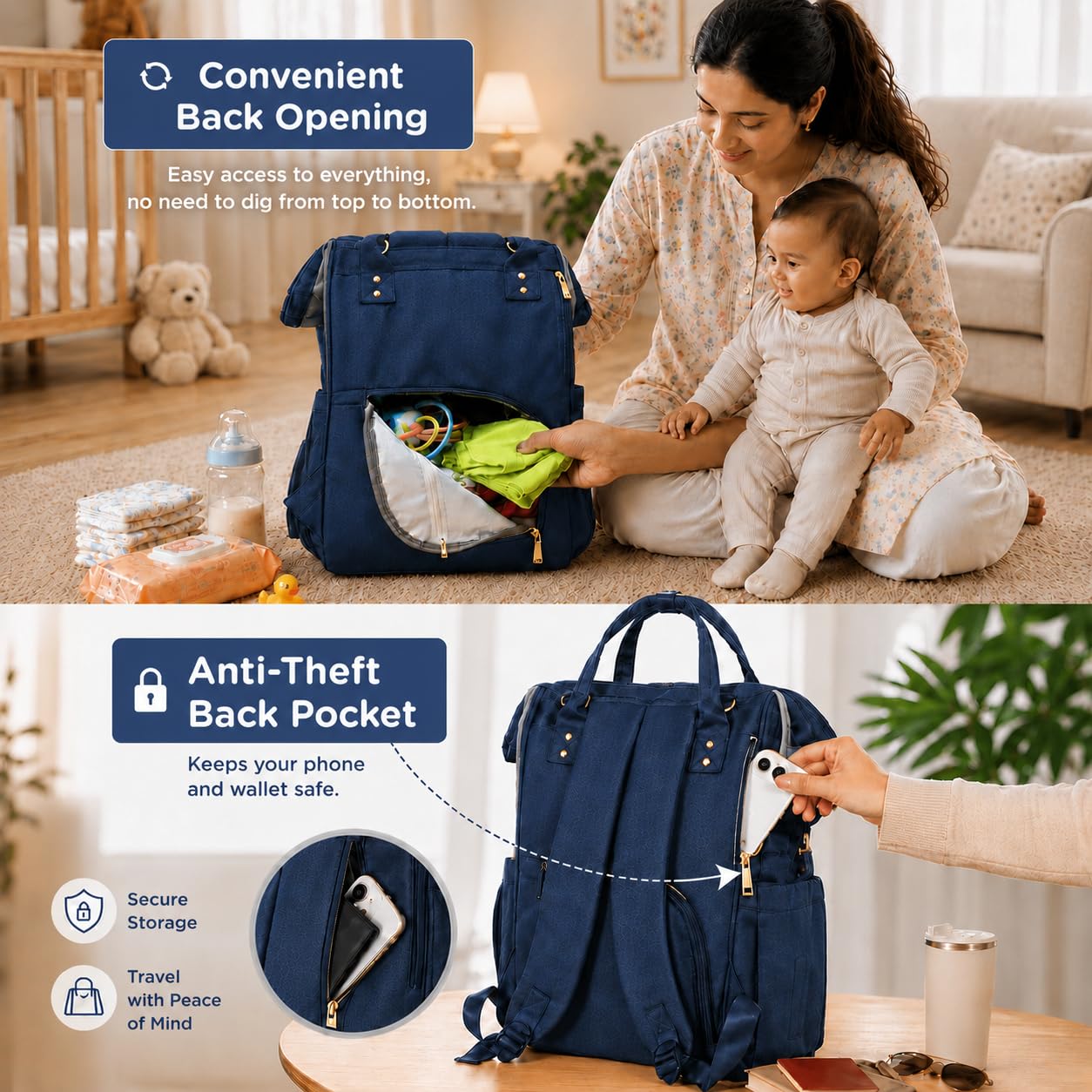 Motherly Patented Diaper Bag For Mothers For Travel, Crown Series, Pink | Backpack for Mothers | Waterproof Baby Travel & Maternity Bag | Multiple Compartments, Insulated Bottle Pockets, Warranty