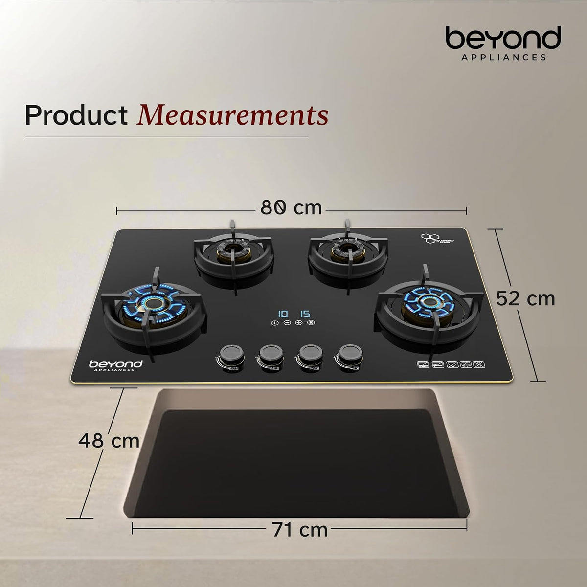 Beyond Appliances Altair 4 Burner Smart Glass Hobtop Gas Stove | Auto Ignition | Digital Timer | Flame Failure Device | Jumbo Burner | Toughened Glass | LPG & PNG Compatible