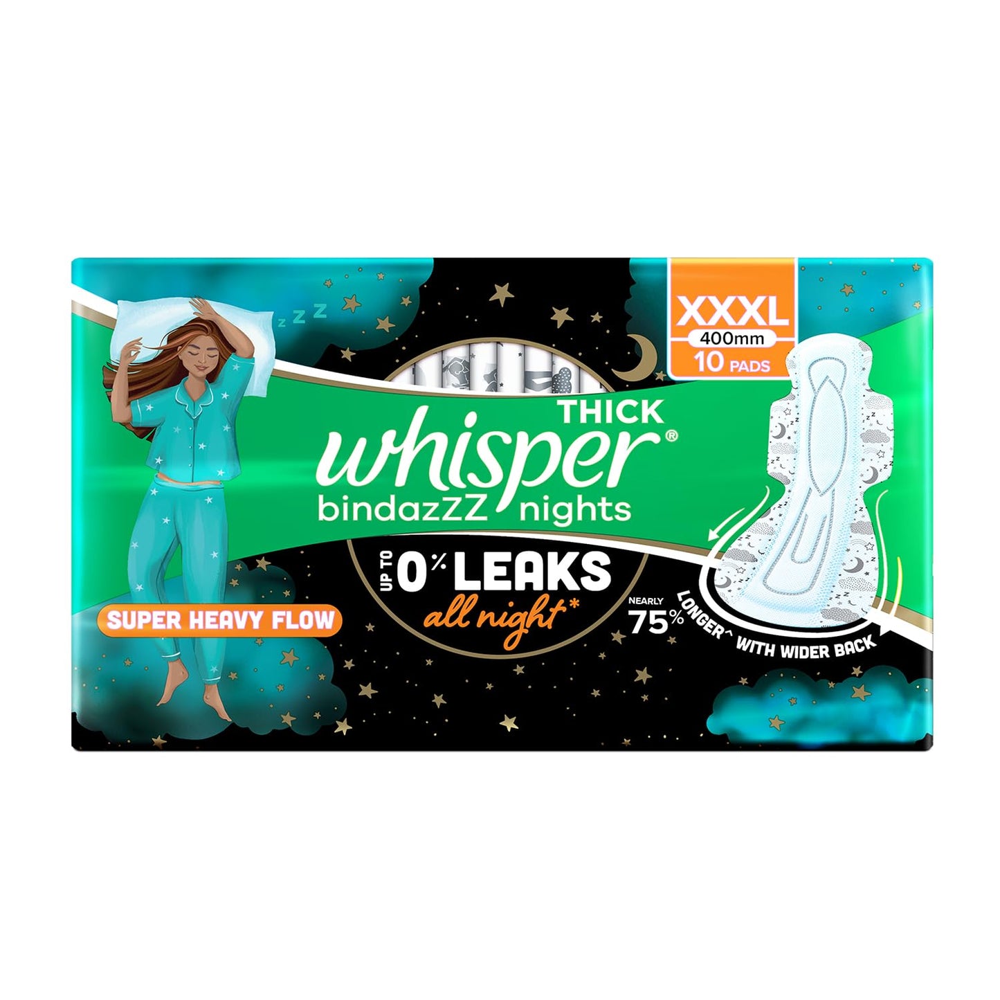 Whisper bindazzz Nights Pads For Women, XXX-Large Pack of 20 pads Scent: unscented