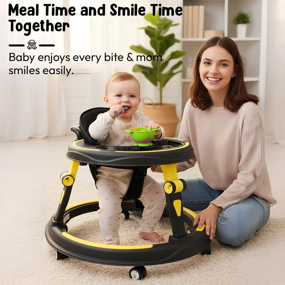 StarandDaisy Baby Walker for Babies, 6-18 Month Baby Boy & Girl, Adjustable Height Infant Learning Walker with 360° Wheels, Anti-Slip, Comfortable Padded Seat, Activity Tray, Foldable Toddler Walker (Orange-Black)
