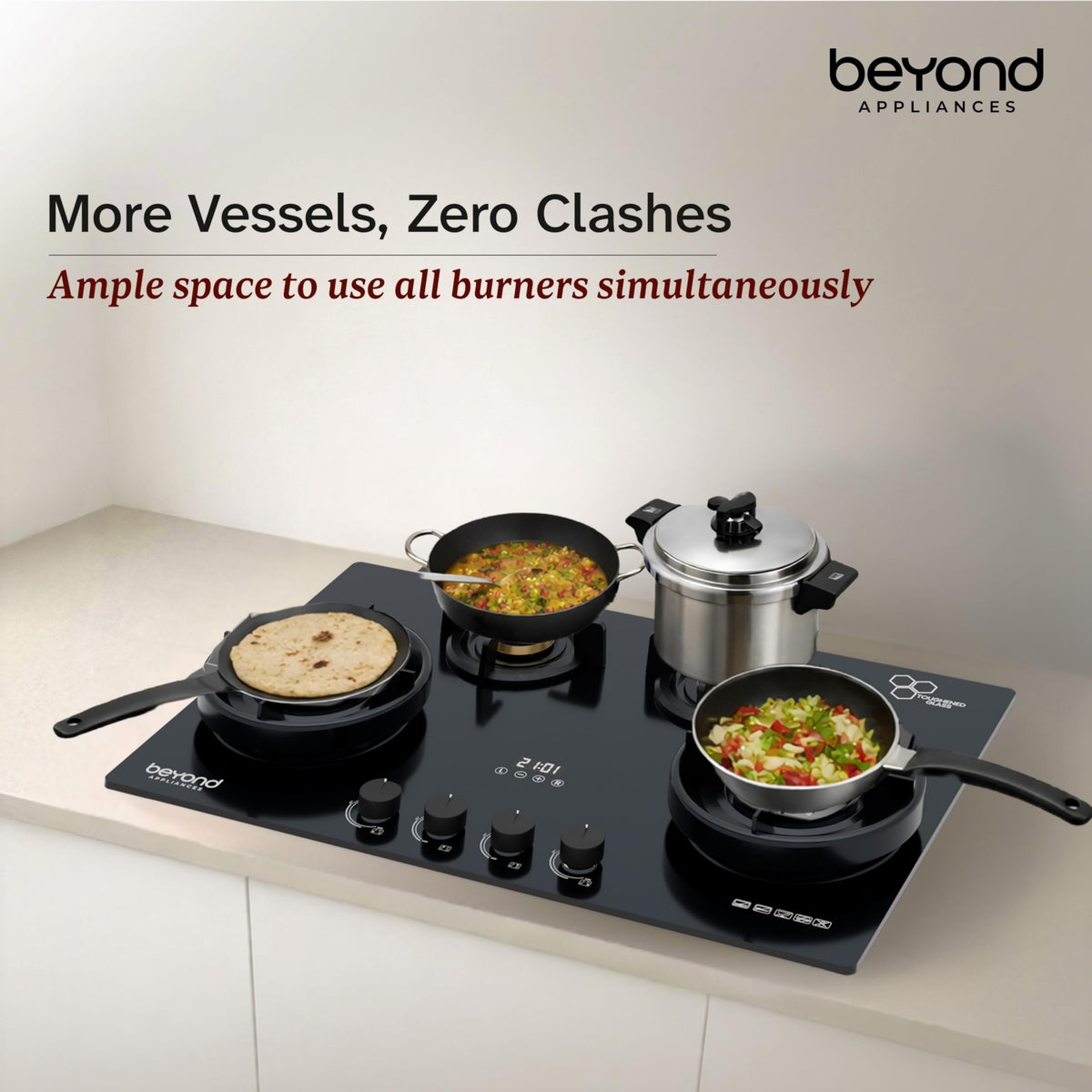 Beyond Appliances Altair 4 Burner Smart Glass Hobtop Gas Stove | Auto Ignition | Digital Timer | Flame Failure Device | Jumbo Burner | Toughened Glass | LPG & PNG Compatible