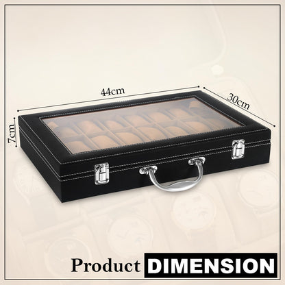 LEDO Men's and Women's Watch Box Holder Organizer Case In 12 Slots of watches In PU Leather with Black & Gray