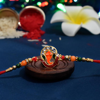 DeoDap Designer Murli Flute Rakhi for Brother with Choco Coated Nut Butterscotch Chocolate 96gm, Pooja Coin, Roli Chawal & Card | Rakhi with Chocolate Combo for Raksha Bandhan