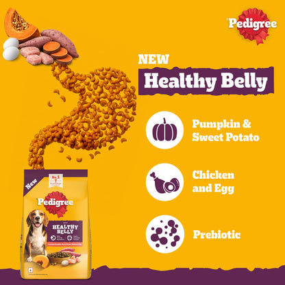 Pedigree Adult Dry Dog Food, New Healthy Belly, 3 kg, Belly Friendly Ingredients, Highly Digestible Proteins, Contains Pumpkin, Sweet Potato, Chicken & Egg, with Prebiotics