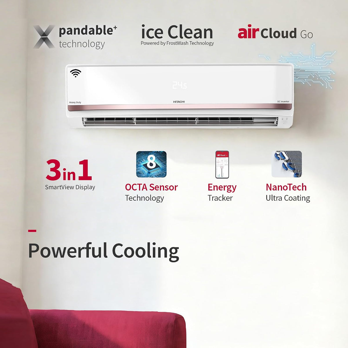 Hitachi 1.5 Ton 3 Star, New Star rated, Heavy Duty Smart Inverter Split AC (Copper, Wi-Fi, Long air throw, Smart View Display, ice Clean, Hybrid Convertible, Anti-Bacterial Mesh Filter,RAS.Y319PCDISL, White)