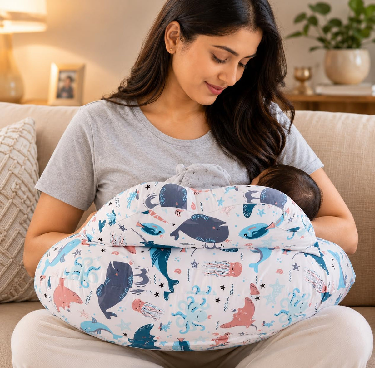 Proliva Feeding Pillow for New Born Baby with Detachable Cover Breast Feeding & Maternity Nursing Pillow for Breastfeeding Support for Baby Feeding Pillow for Mom (Off White-Camel-B2)