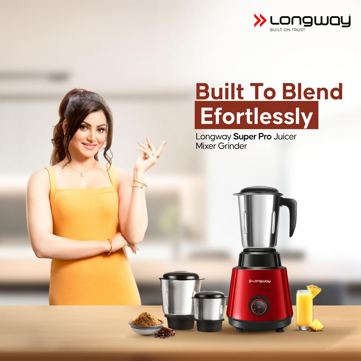 Longway Super Pro Juicer Mixer Grinder | Up to 750W Max Output Powerful Motor | 4 Jars for Grinding, Mixing, Juicing | 2 Years Warranty (Blue & Black)