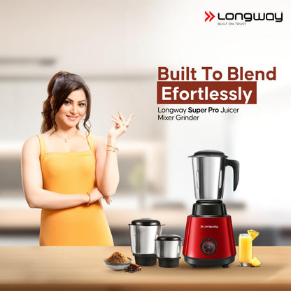 Longway Super Pro Juicer Mixer Grinder | Up to 750W Max Output Powerful Motor | 4 Jars for Grinding, Mixing, Juicing | 2 Years Warranty (Blue & Black)