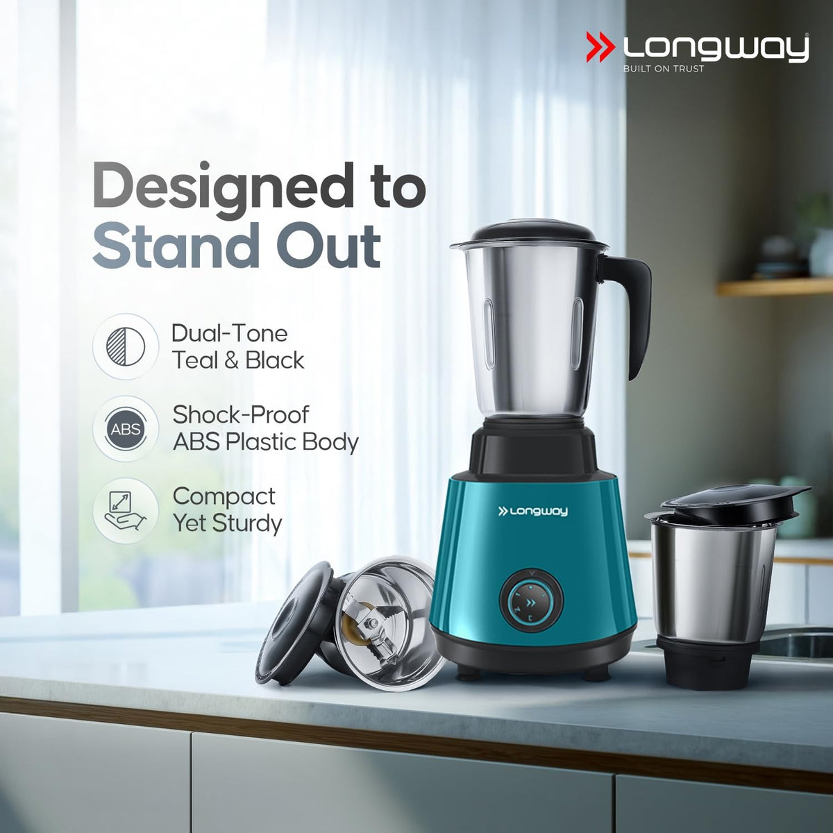 Longway Super Pro Juicer Mixer Grinder | Up to 750W Max Output Powerful Motor | 4 Jars for Grinding, Mixing, Juicing | 2 Years Warranty (Blue & Black)