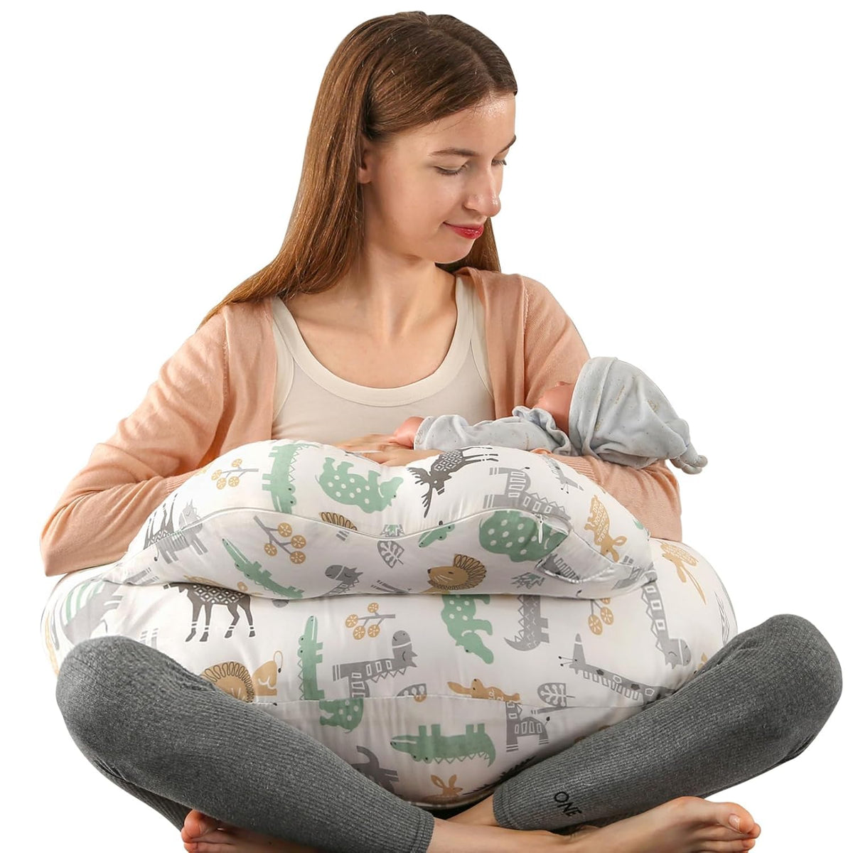Proliva Feeding Pillow for New Born Baby with Detachable Cover Breast Feeding & Maternity Nursing Pillow for Breastfeeding Support for Baby Feeding Pillow for Mom (Off White-Camel-B2)
