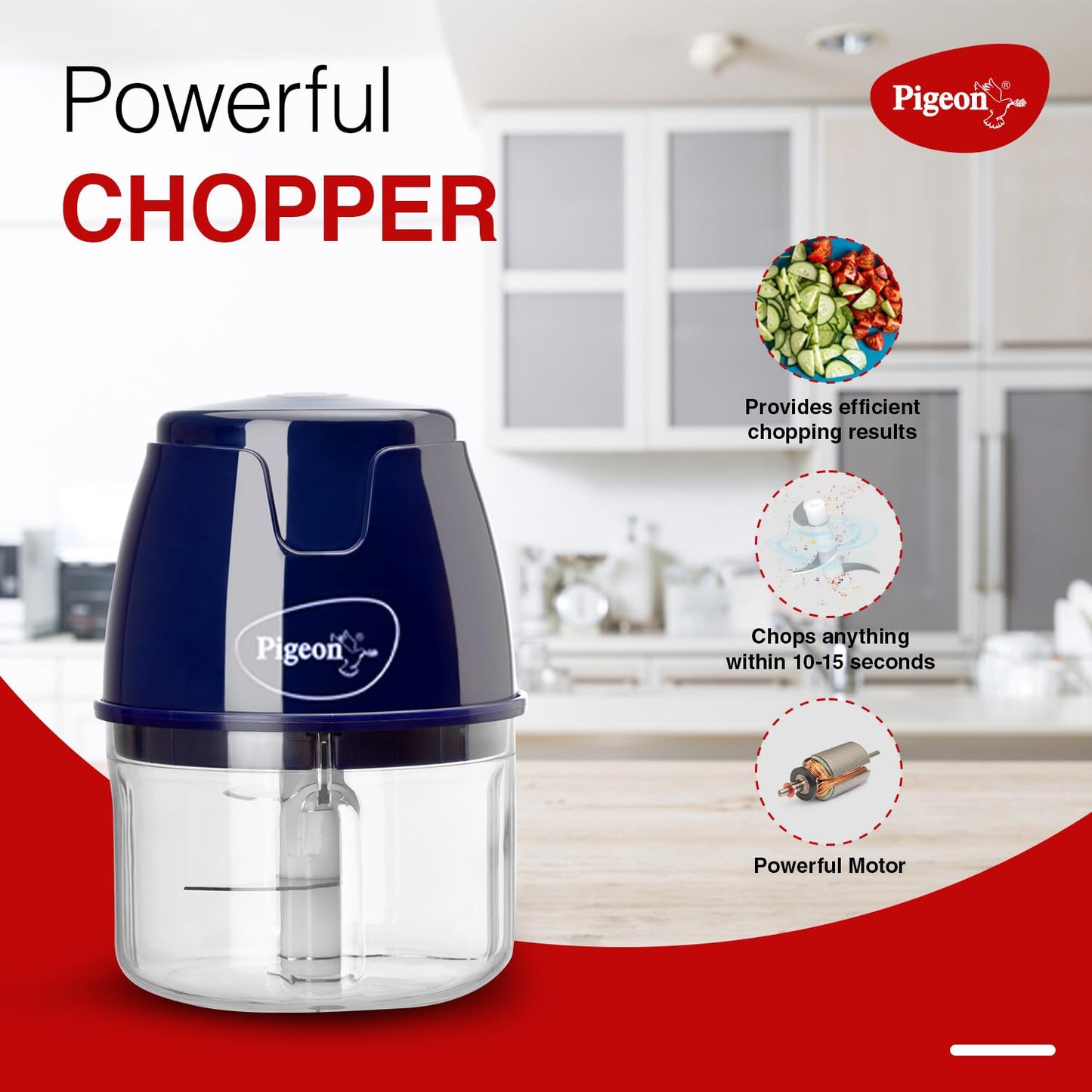 Pigeon Zoom Electric Chopper 350 ml, Portable with 3 Stainless Steel Blades for Effortlessly Chopping Vegetables and Fruits - Green, 30 Watts