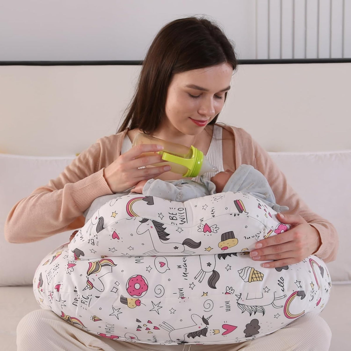 Proliva Feeding Pillow for New Born Baby with Detachable Cover Breast Feeding & Maternity Nursing Pillow for Breastfeeding Support for Baby Feeding Pillow for Mom (Off White-Camel-B2)