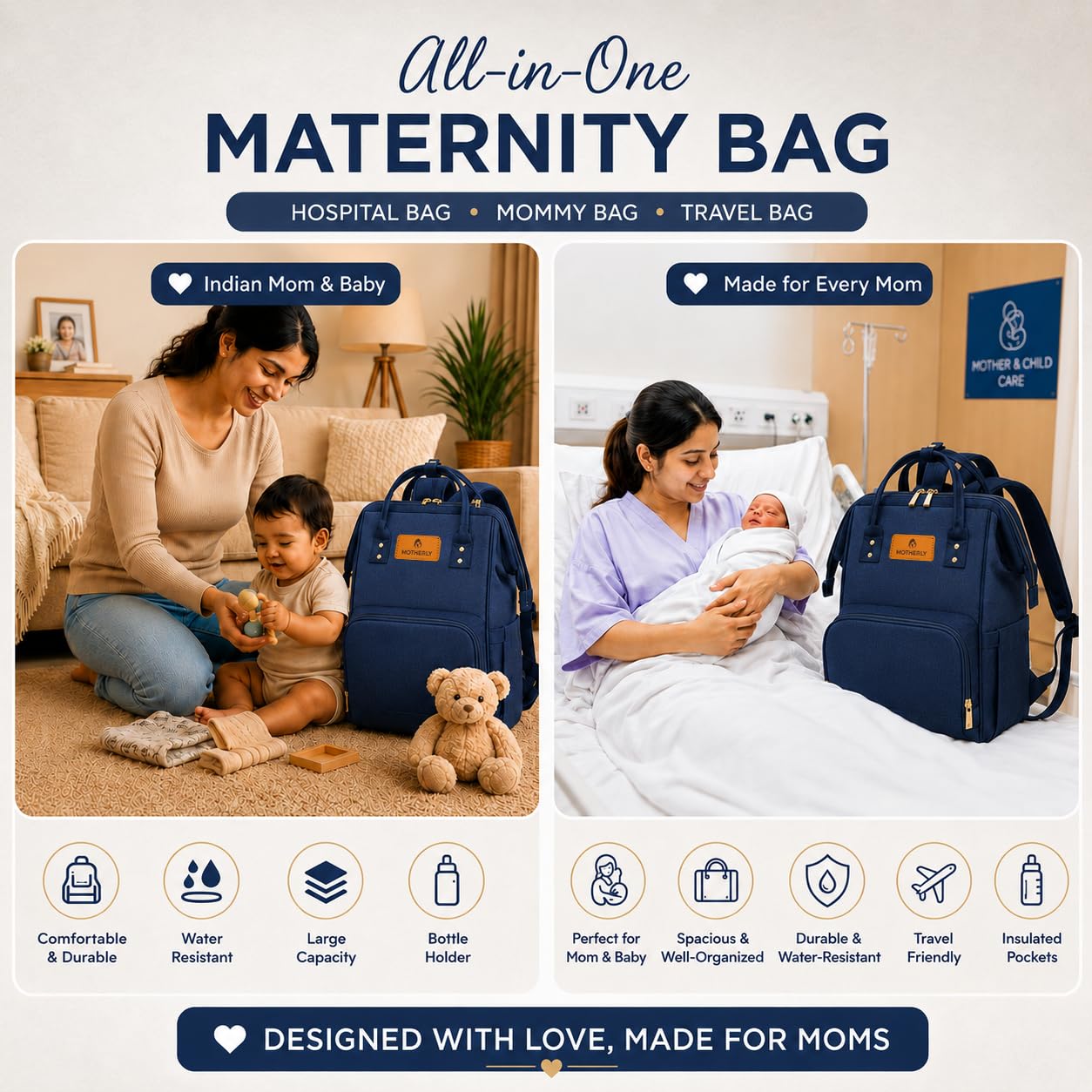 Motherly Patented Diaper Bag For Mothers For Travel, Crown Series, Pink | Backpack for Mothers | Waterproof Baby Travel & Maternity Bag | Multiple Compartments, Insulated Bottle Pockets, Warranty