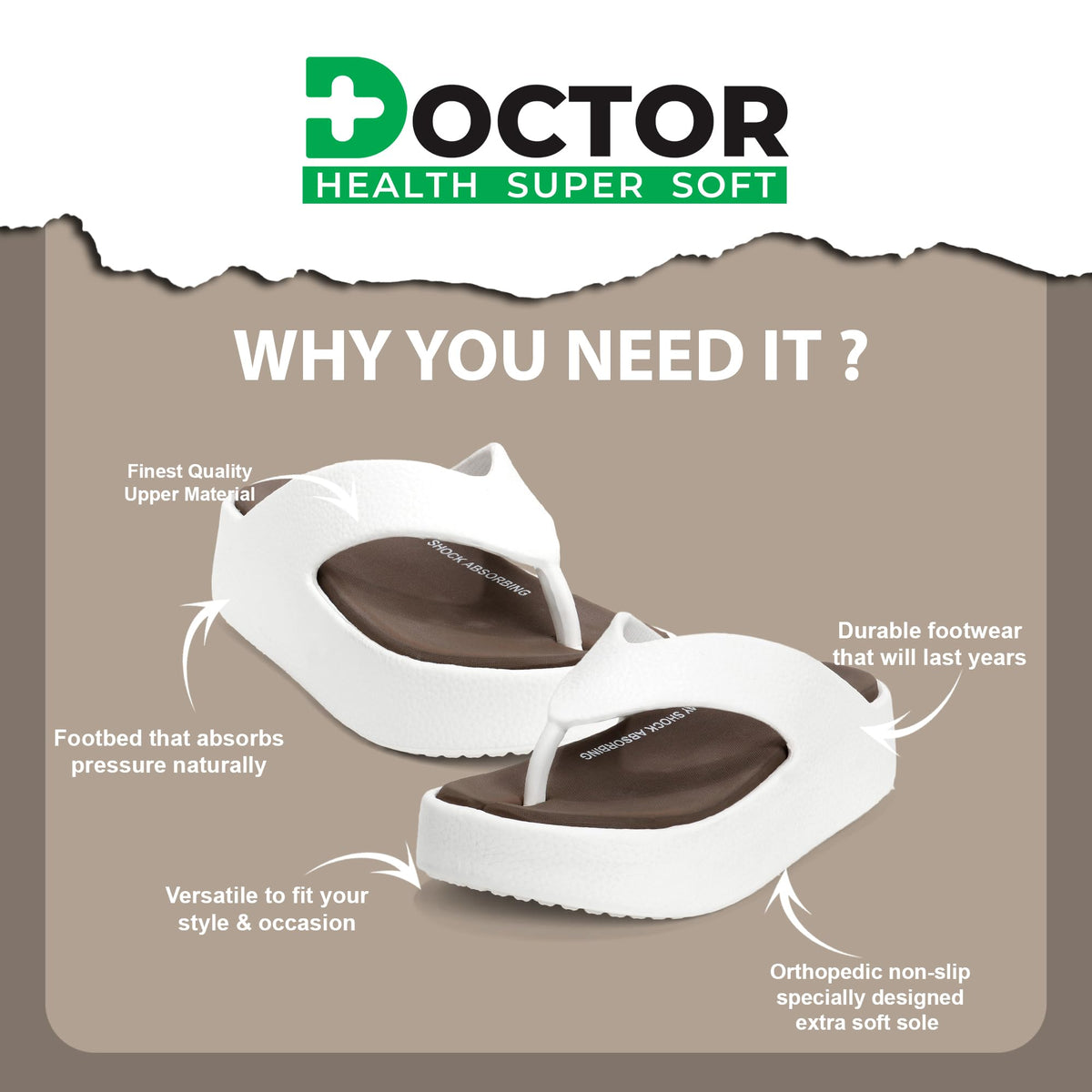 DOCTOR HEALTH SUPER SOFT Women’s Orthopedic Soft Platform Slippers | Ultra-Cushioned Shock Absorbing Footbed | Lightweight Anti-Skid Everyday Wear Comfort Flip Flops for All-Day Support