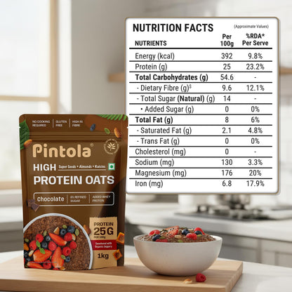 Pintola 26g High Protein Dark Chocolate Oats 1kg, No Refined Sugar, with Almonds, Raisins, Pumpkin & Chia Seeds, 9.6g Fibre, Rolled Oats for Weight management, Breakfast Cereals