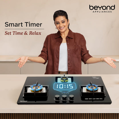 Beyond Appliances Altair 4 Burner Smart Glass Hobtop Gas Stove | Auto Ignition | Digital Timer | Flame Failure Device | Jumbo Burner | Toughened Glass | LPG & PNG Compatible
