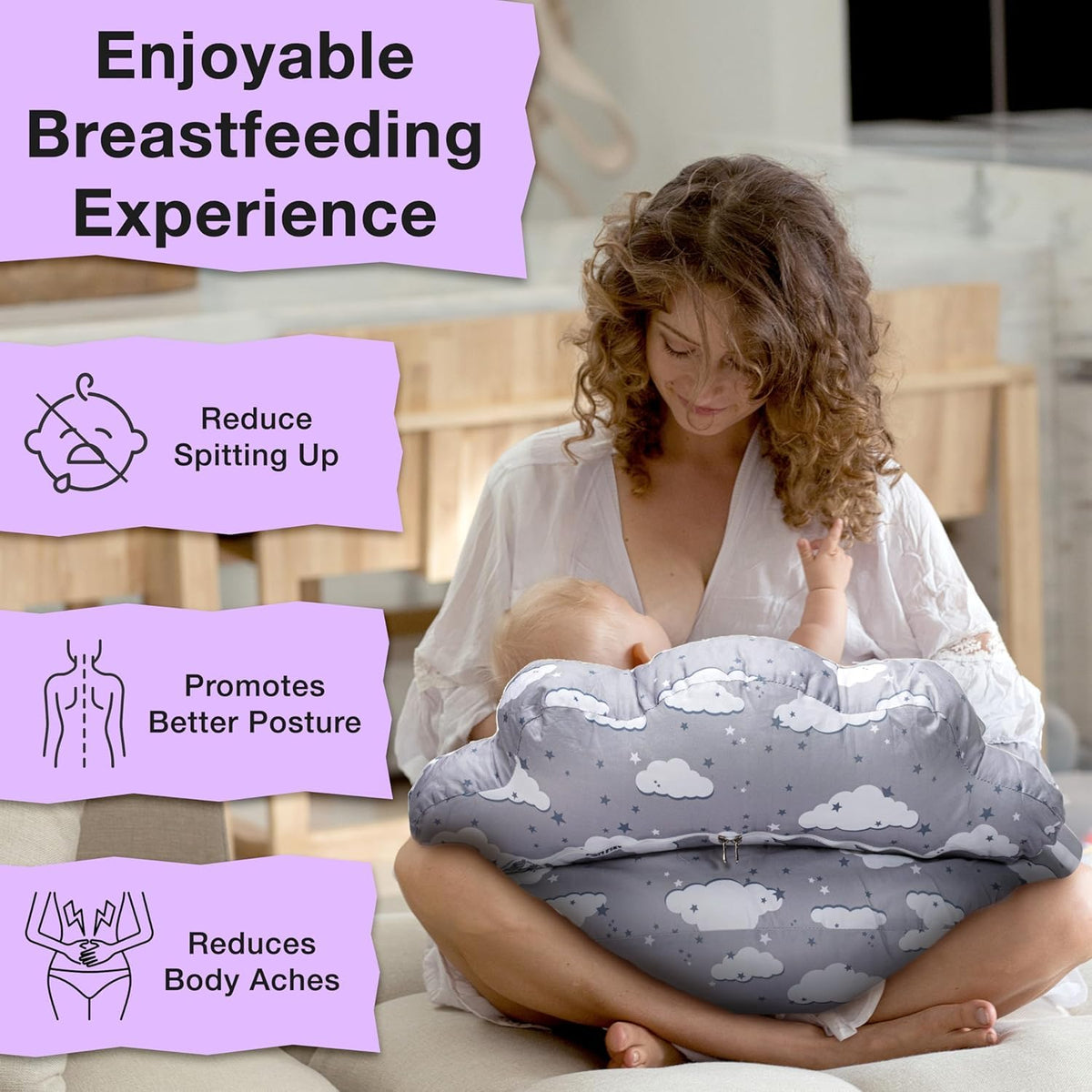 Proliva Feeding Pillow for New Born Baby with Detachable Cover Breast Feeding & Maternity Nursing Pillow for Breastfeeding Support for Baby Feeding Pillow for Mom (Off White-Camel-B2)