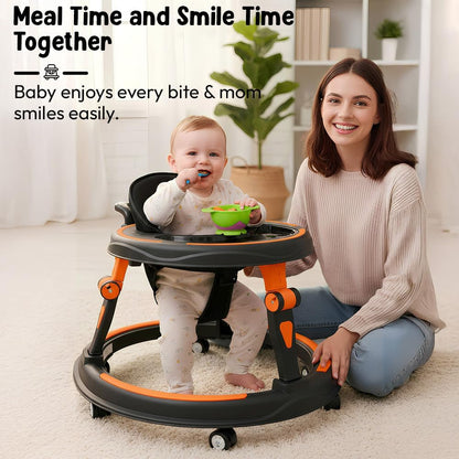 StarandDaisy Baby Walker for Babies, 6-18 Month Baby Boy & Girl, Adjustable Height Infant Learning Walker with 360° Wheels, Anti-Slip, Comfortable Padded Seat, Activity Tray, Foldable Toddler Walker (Orange-Black)