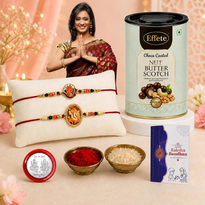 DeoDap Designer Murli Flute Rakhi for Brother with Choco Coated Nut Butterscotch Chocolate 96gm, Pooja Coin, Roli Chawal & Card | Rakhi with Chocolate Combo for Raksha Bandhan