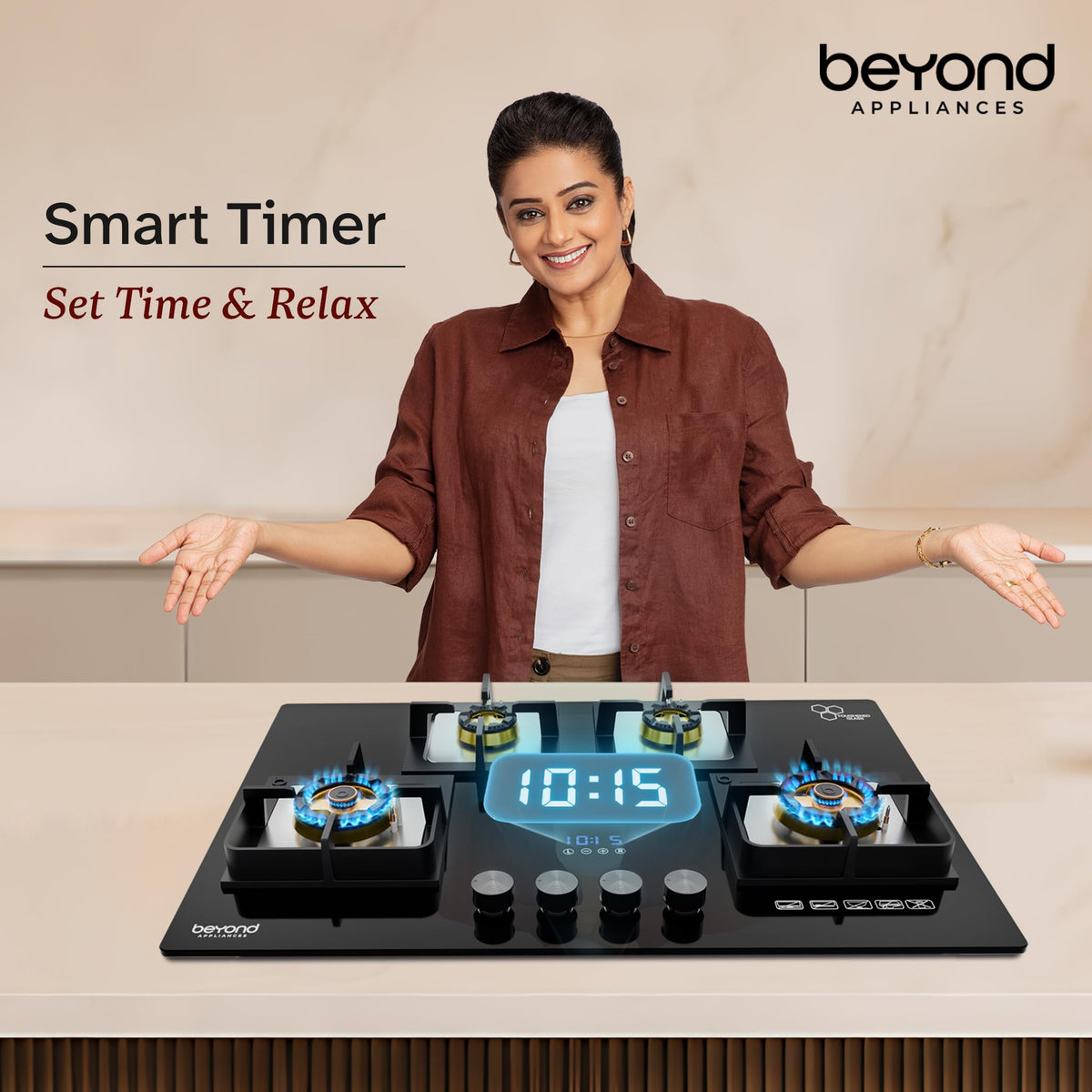 Beyond Appliances Altair 4 Burner Smart Glass Hobtop Gas Stove | Auto Ignition | Digital Timer | Flame Failure Device | Jumbo Burner | Toughened Glass | LPG & PNG Compatible