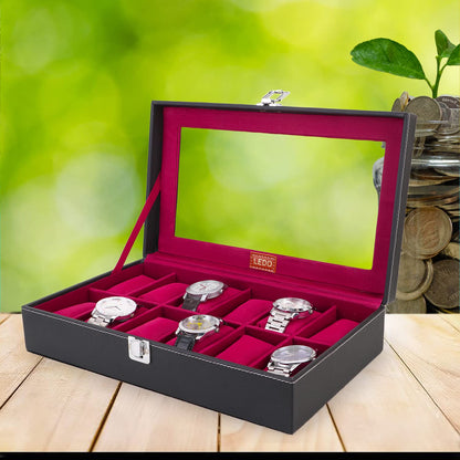 LEDO Men's and Women's Watch Box Holder Organizer Case In 12 Slots of watches In PU Leather with Black & Gray