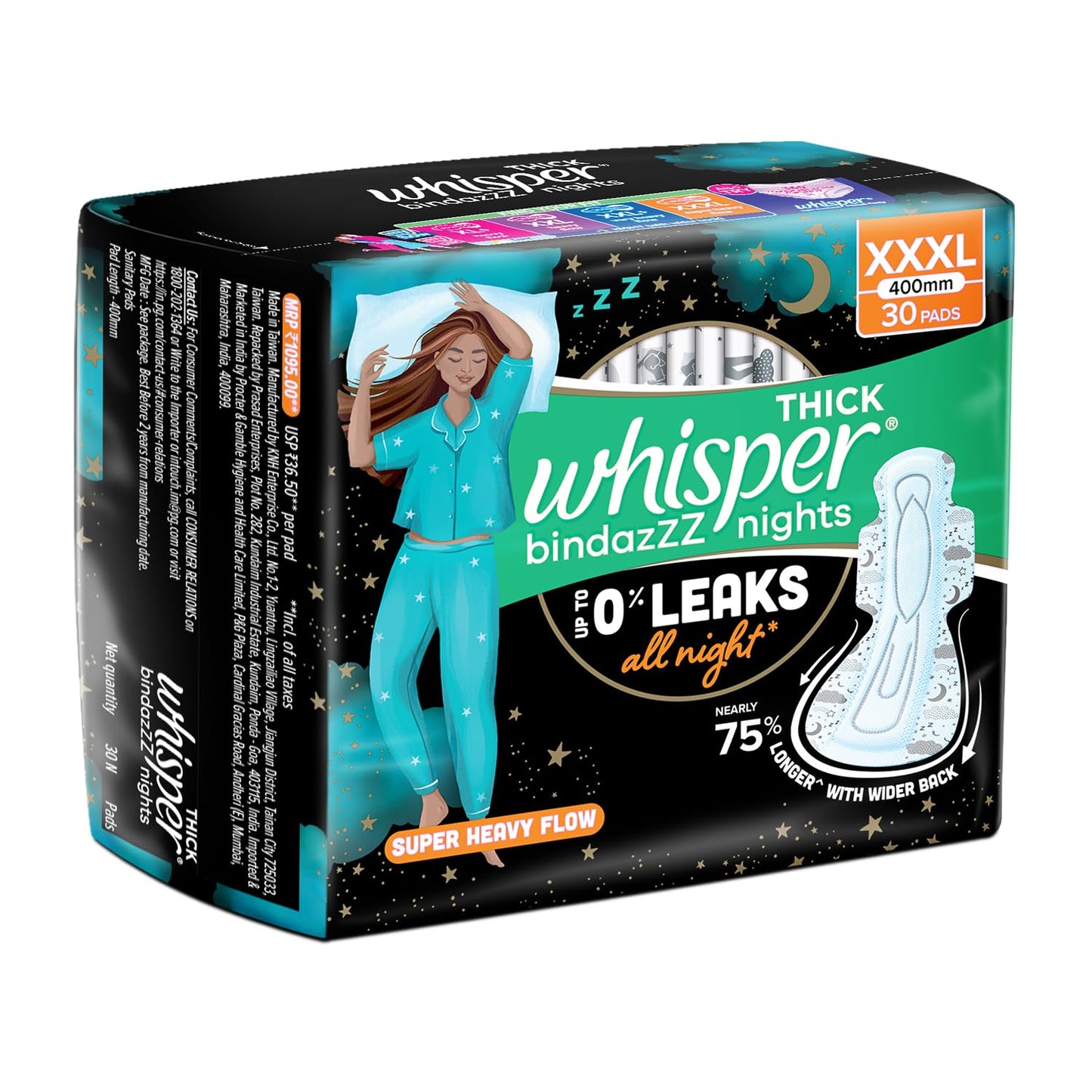 Whisper bindazzz Nights Pads For Women, XXX-Large Pack of 20 pads Scent: unscented