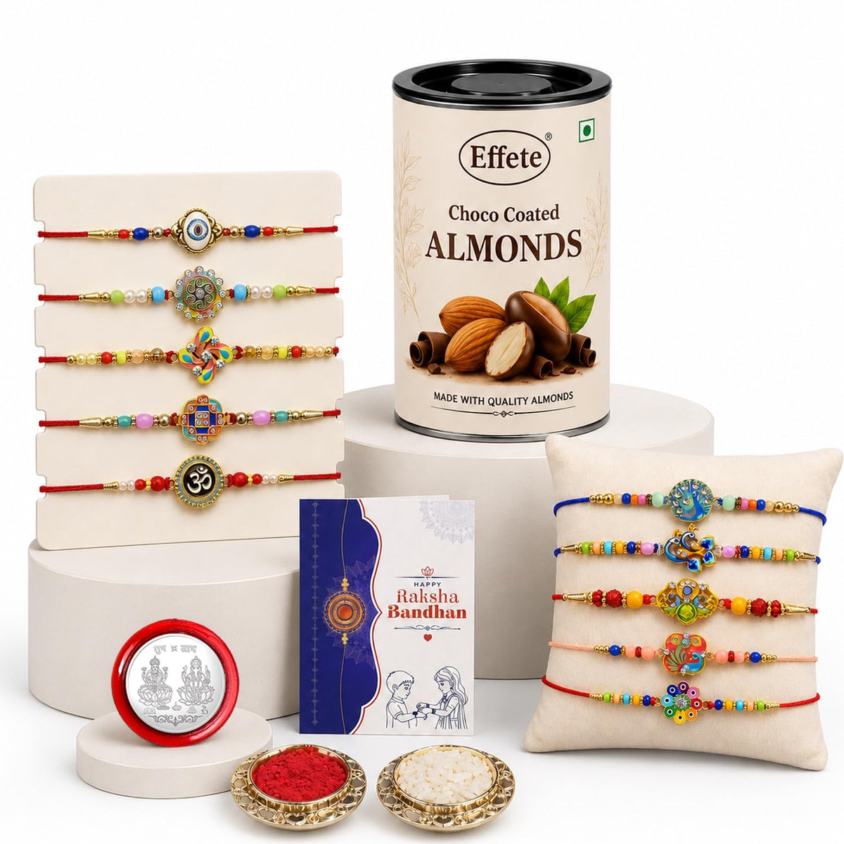 DeoDap Designer Murli Flute Rakhi for Brother with Choco Coated Nut Butterscotch Chocolate 96gm, Pooja Coin, Roli Chawal & Card | Rakhi with Chocolate Combo for Raksha Bandhan