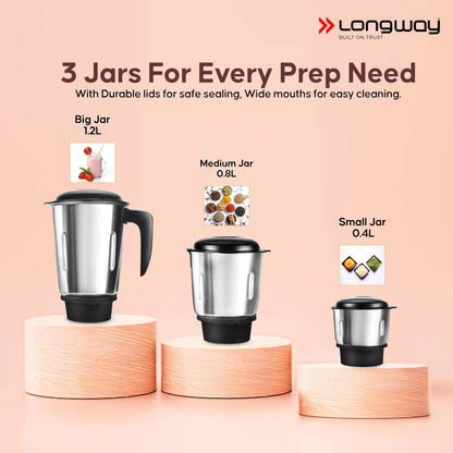 Longway Super Pro Juicer Mixer Grinder | Up to 750W Max Output Powerful Motor | 4 Jars for Grinding, Mixing, Juicing | 2 Years Warranty (Blue & Black)