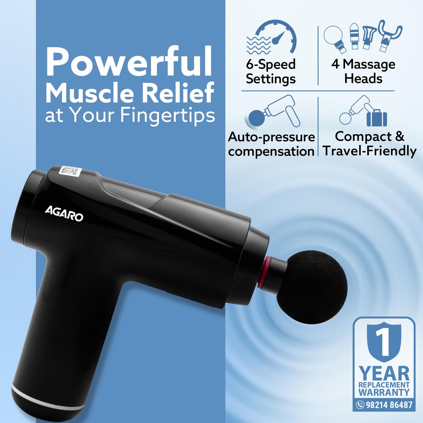 AGARO Galaxy Massager Machine, Handheld Deep Tissue Massage Gun, 4 Heads, 6 Speed, Rechargeable Percussion Massager for Muscle Relief & Relaxation, for Neck, Shoulder, Back, Foot & Full Body, Black