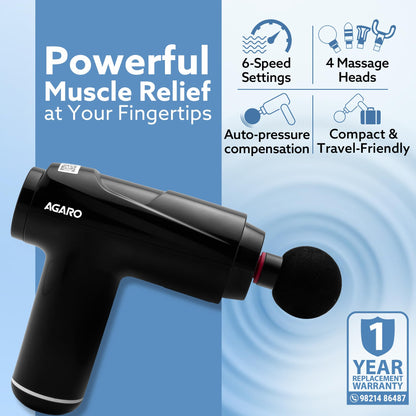 AGARO Galaxy Massager Machine, Handheld Deep Tissue Massage Gun, 4 Heads, 6 Speed, Rechargeable Percussion Massager for Muscle Relief & Relaxation, for Neck, Shoulder, Back, Foot & Full Body, Black