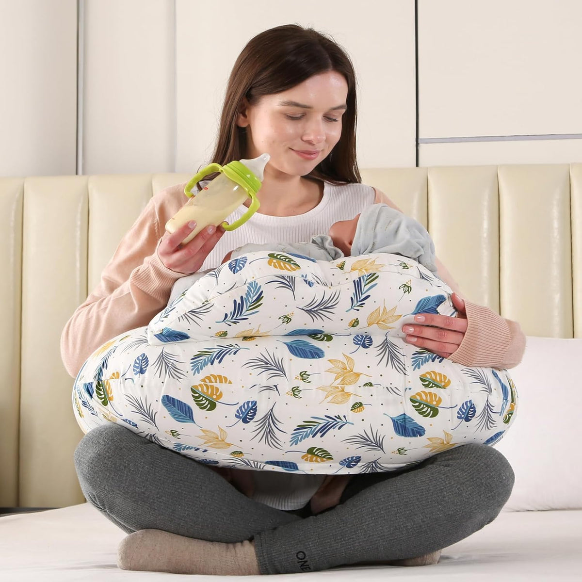Proliva Feeding Pillow for New Born Baby with Detachable Cover Breast Feeding & Maternity Nursing Pillow for Breastfeeding Support for Baby Feeding Pillow for Mom (Off White-Camel-B2)