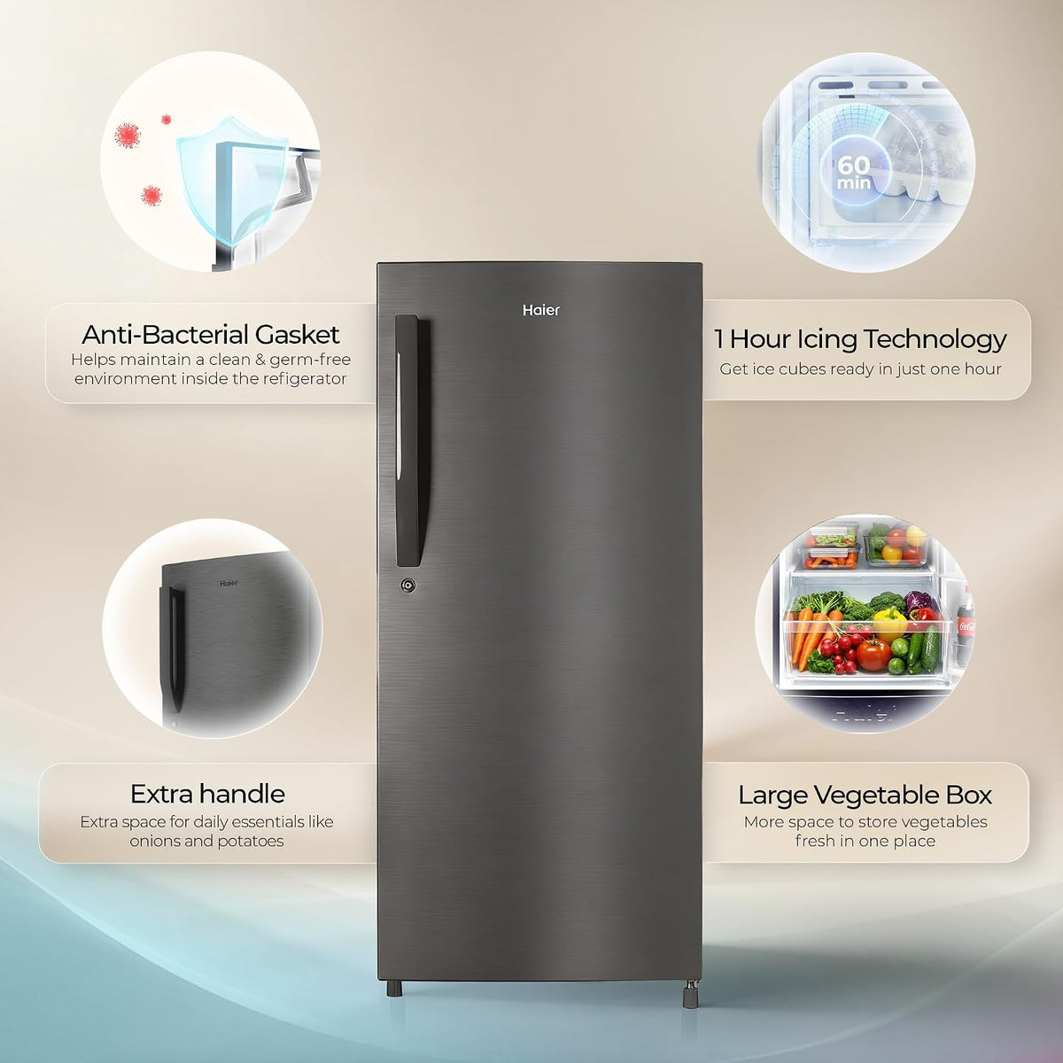 Haier 190 L 5 Star Direct Cool Inverter Single Door Refrigerator with Fast Ice Making, Easy Clean Back, Large Vegetable Box (HED-205DSA-P, Dazzle Steel, 2026 Model)