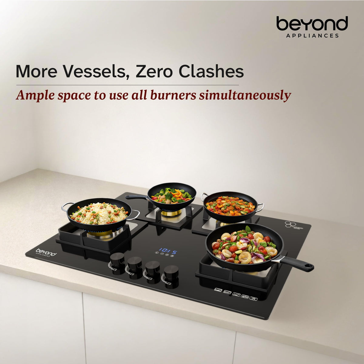 Beyond Appliances Altair 4 Burner Smart Glass Hobtop Gas Stove | Auto Ignition | Digital Timer | Flame Failure Device | Jumbo Burner | Toughened Glass | LPG & PNG Compatible