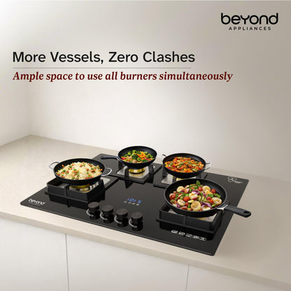 Beyond Appliances Altair 4 Burner Smart Glass Hobtop Gas Stove | Auto Ignition | Digital Timer | Flame Failure Device | Jumbo Burner | Toughened Glass | LPG & PNG Compatible