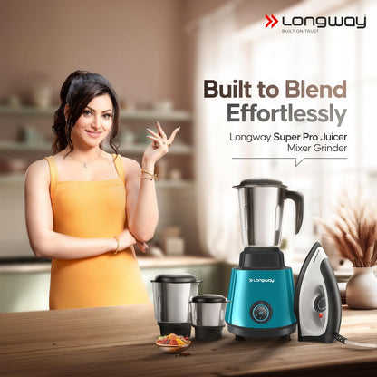 Longway Super Pro Juicer Mixer Grinder | Up to 750W Max Output Powerful Motor | 4 Jars for Grinding, Mixing, Juicing | 2 Years Warranty (Blue & Black)