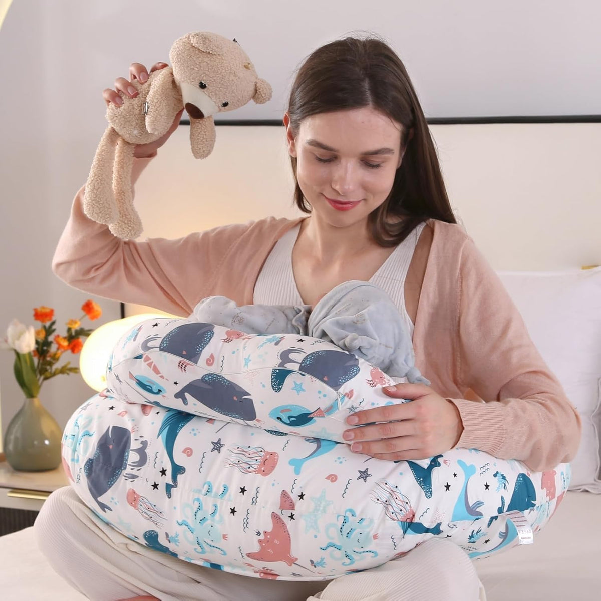 Proliva Feeding Pillow for New Born Baby with Detachable Cover Breast Feeding & Maternity Nursing Pillow for Breastfeeding Support for Baby Feeding Pillow for Mom (Off White-Camel-B2)