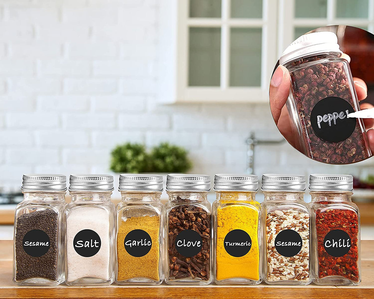 KITOME Empty Glass Spice Jars, 120ml Square Airtight Seasoning Bottles Set of 12 with Shaker Lids, Metal Caps, 24 Labels, Chalk Marker, Silicone Funnel & Brush – BPA Free Masala Dabba, Kitchen Storage