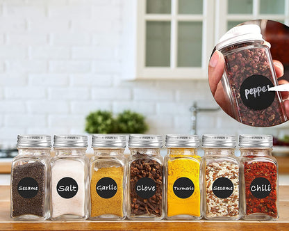 KITOME Empty Glass Spice Jars, 120ml Square Airtight Seasoning Bottles Set of 12 with Shaker Lids, Metal Caps, 24 Labels, Chalk Marker, Silicone Funnel & Brush – BPA Free Masala Dabba, Kitchen Storage