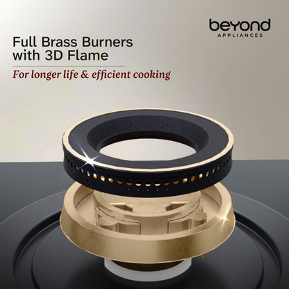 Beyond Appliances Altair 4 Burner Smart Glass Hobtop Gas Stove | Auto Ignition | Digital Timer | Flame Failure Device | Jumbo Burner | Toughened Glass | LPG & PNG Compatible