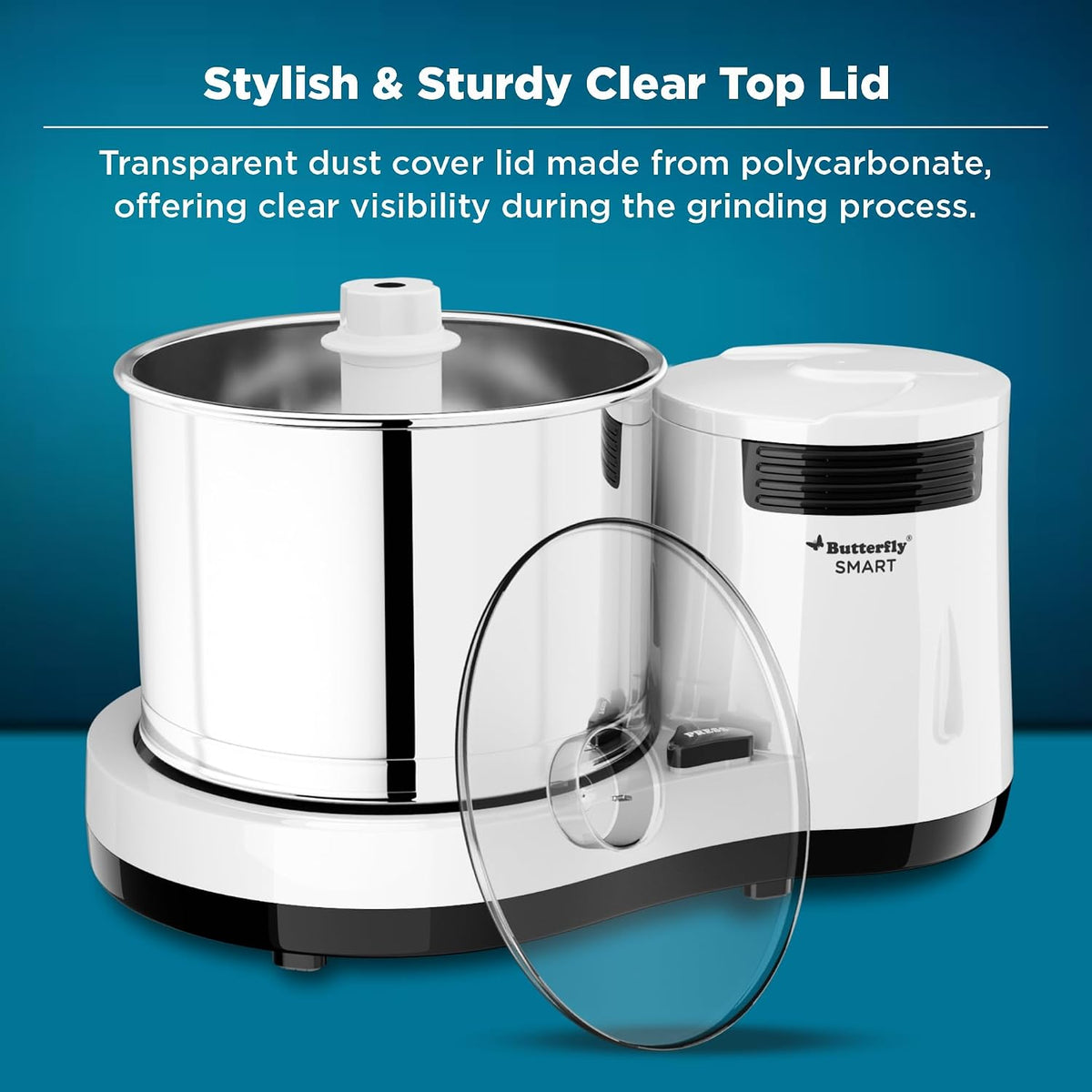 Butterfly Smart 2 Litres Table-Top Wet Grinder|150 Watts|Shockproof ABS Body| Coconut Scrapper Attachment|2 stones with 4-Way Grinding| Stainless Steel Drum | 2 Years Manufacturer's Warranty | White