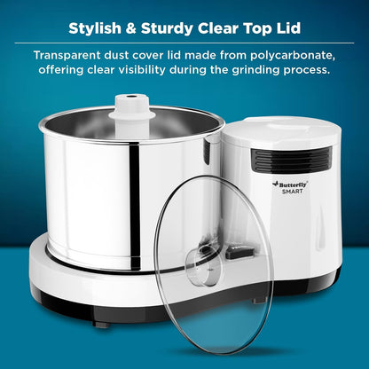 Butterfly Smart 2 Litres Table-Top Wet Grinder|150 Watts|Shockproof ABS Body| Coconut Scrapper Attachment|2 stones with 4-Way Grinding| Stainless Steel Drum | 2 Years Manufacturer's Warranty | White