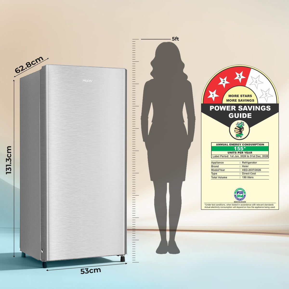 Haier 190 L 5 Star Direct Cool Inverter Single Door Refrigerator with Fast Ice Making, Easy Clean Back, Large Vegetable Box (HED-205DSA-P, Dazzle Steel, 2026 Model)