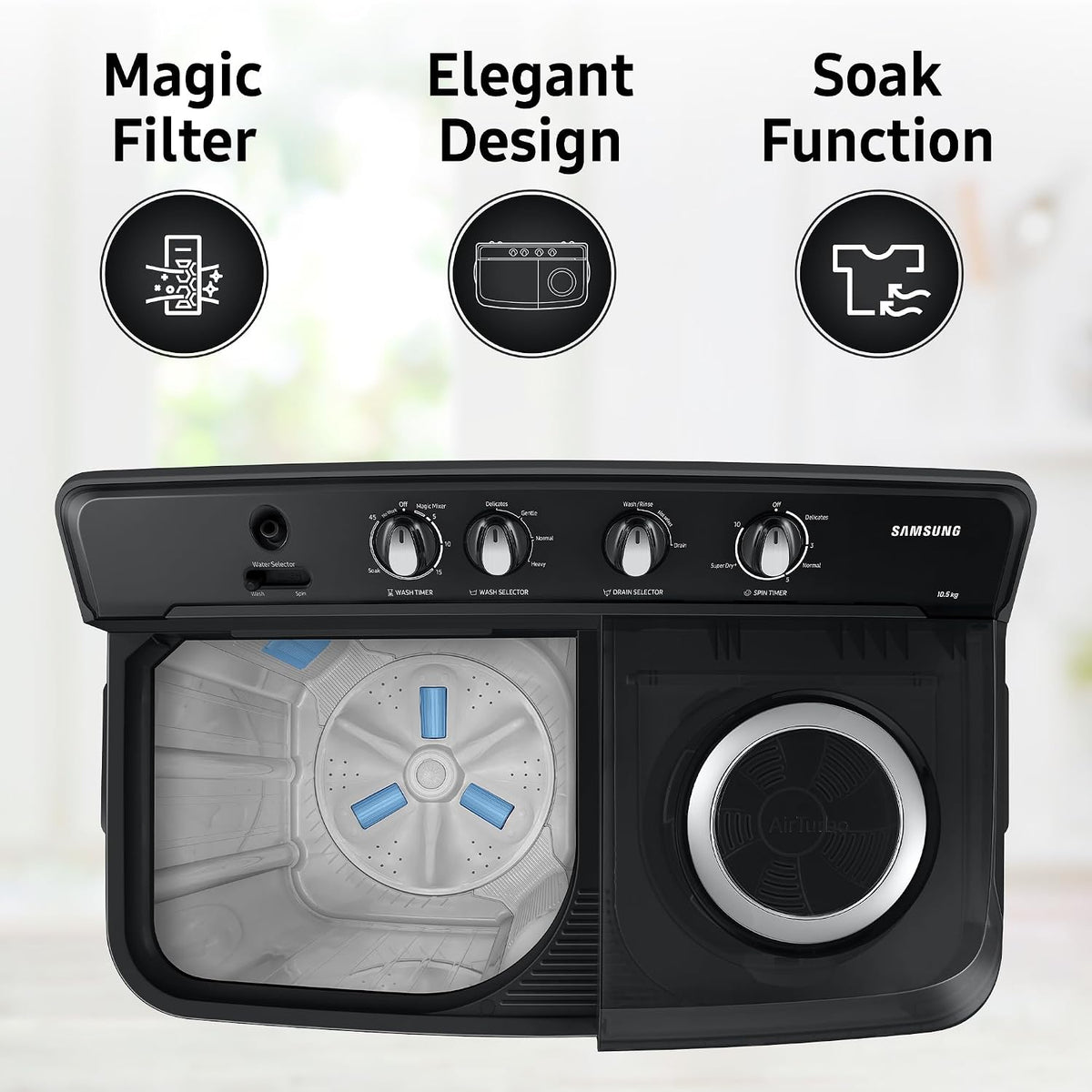 Samsung 10.5 kg, 5 star, Semi-Automatic Top Load Washing Machine (WT10C4260GG/TL, Air Turbo Drying, Light Gray,)