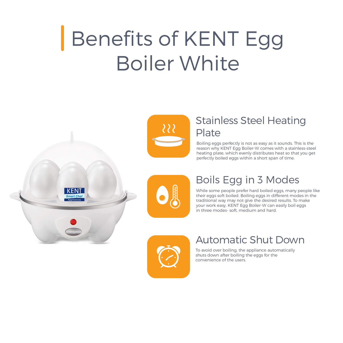 KENT Super Egg Boiler | 3 Boiling Modes | Stainless Steel Body and Heating Plate | 6 Eggs at a Time | Automatic Turn-Off | Silver