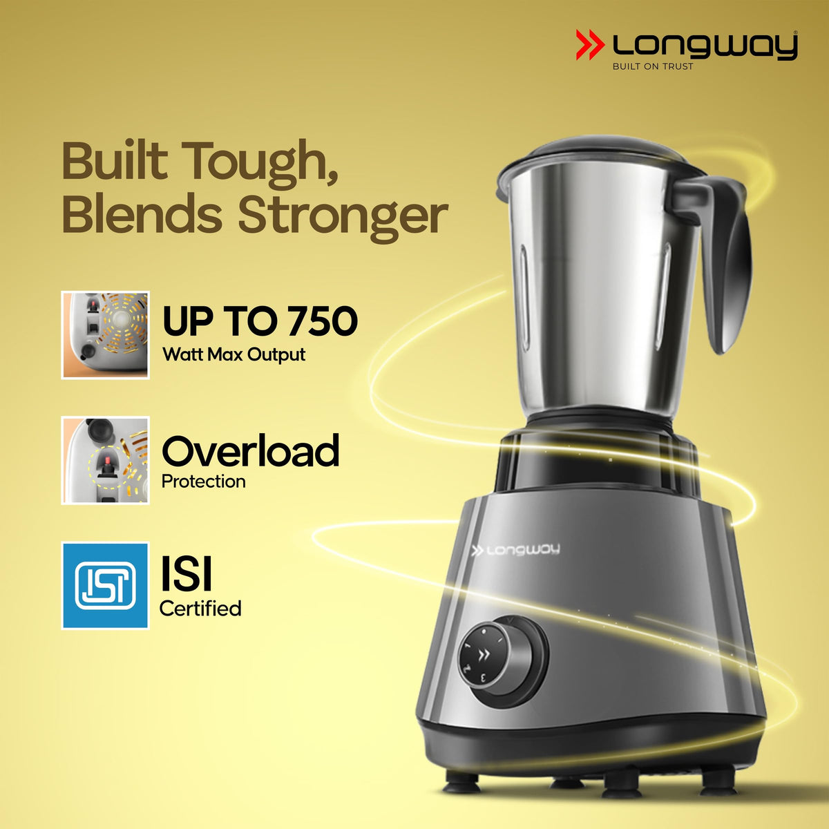 Longway Super Pro Juicer Mixer Grinder | Up to 750W Max Output Powerful Motor | 4 Jars for Grinding, Mixing, Juicing | 2 Years Warranty (Blue & Black)