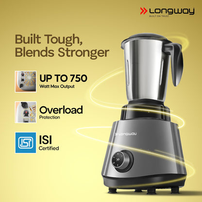 Longway Super Pro Juicer Mixer Grinder | Up to 750W Max Output Powerful Motor | 4 Jars for Grinding, Mixing, Juicing | 2 Years Warranty (Blue & Black)