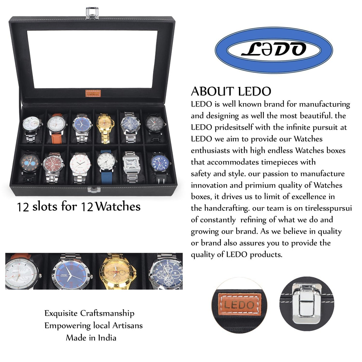 LEDO Men's and Women's Watch Box Holder Organizer Case In 12 Slots of watches In PU Leather with Black & Gray