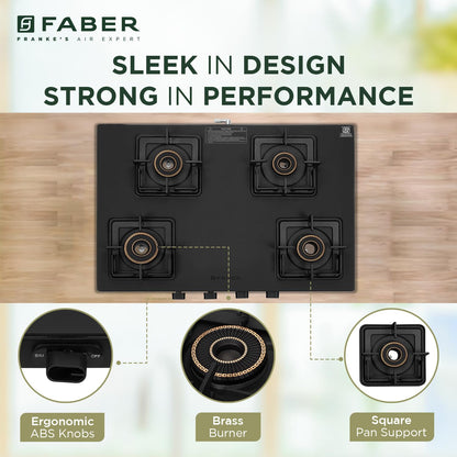 Faber Blossom Black Matt Glass Finish Cooktop| 4 Brass Burners-1Jumbo, 2Medium & 1Small |Manual Ignition | Heavy Pan Support With ABS Knobs | 5Yr Warranty on Glass & Burners by Faber| Blossom4BB BK CI