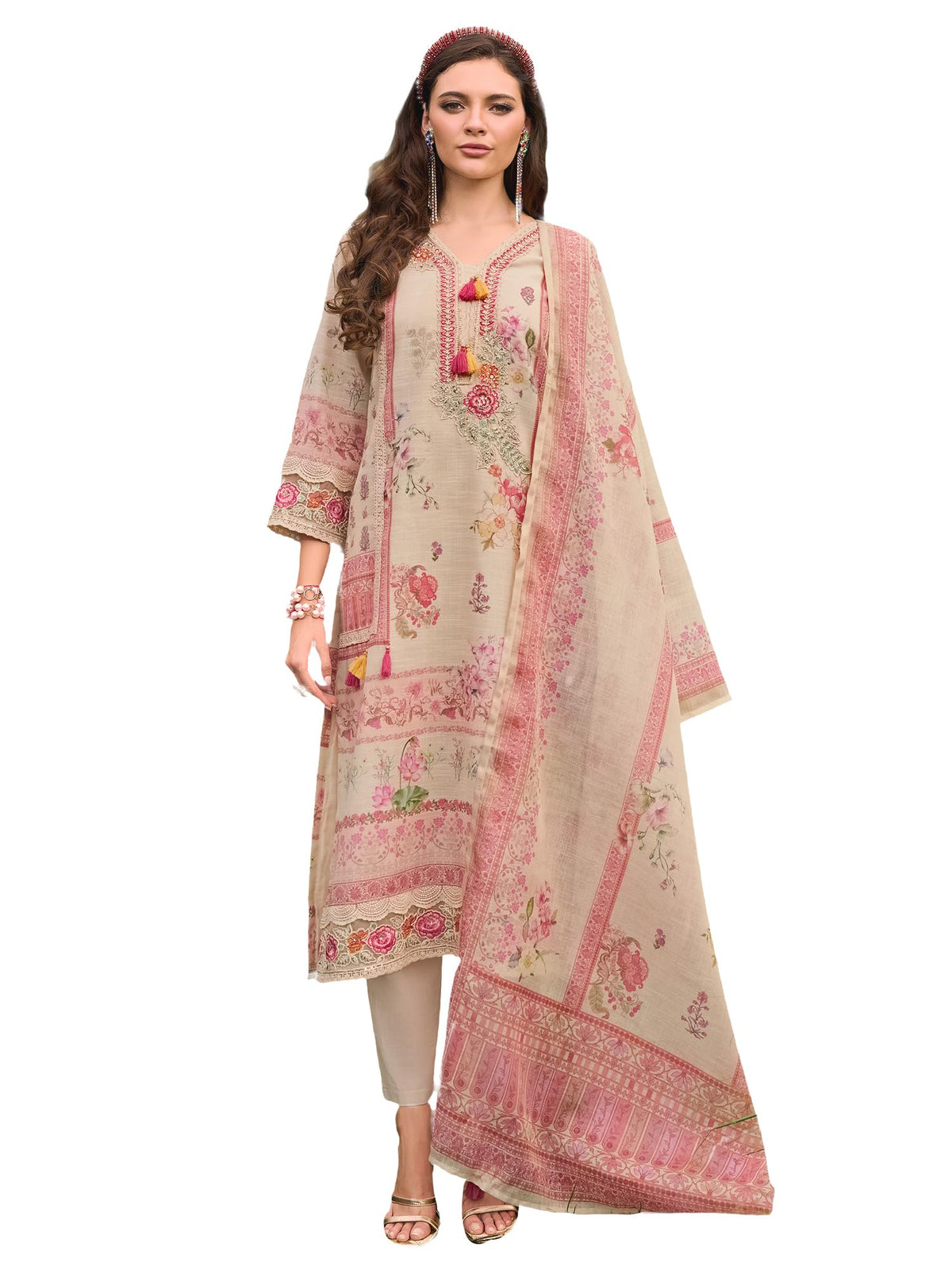 INDO ERA Women's Straight Linen Floral Printed Kurta & Pant with Dupatta Set | Kurta Sets For Woman